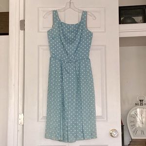 1950’s Vintage Baby Blue Polka Dot Sleeveless Pleated Silky Dress Halloween